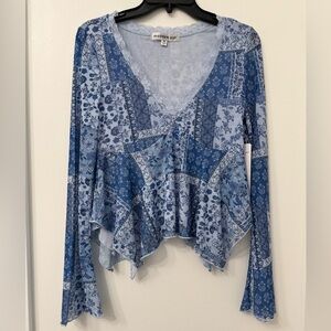 Madden Girl Blue Floral Patchwork Blouse Top long bell Sleeve Semi Sheer  medium
